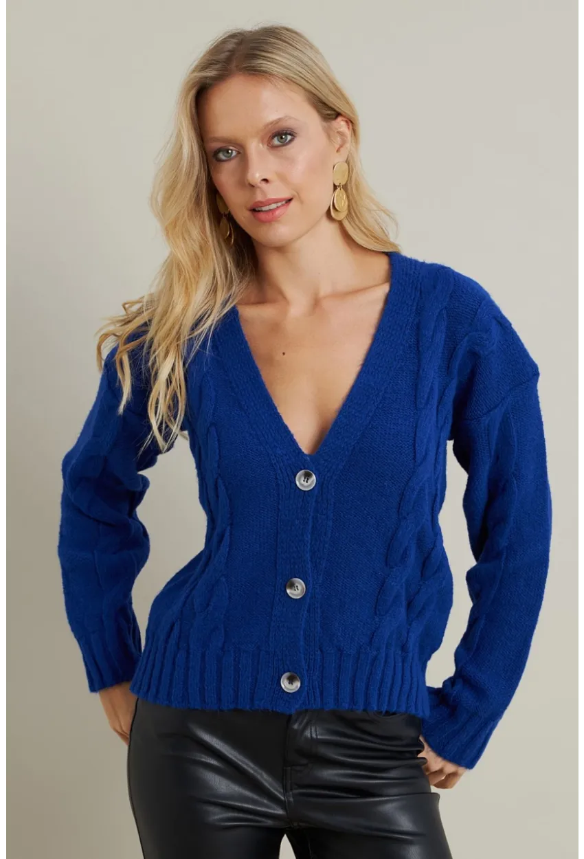 Kadın Saks Saç Örgülü Hırka YV295