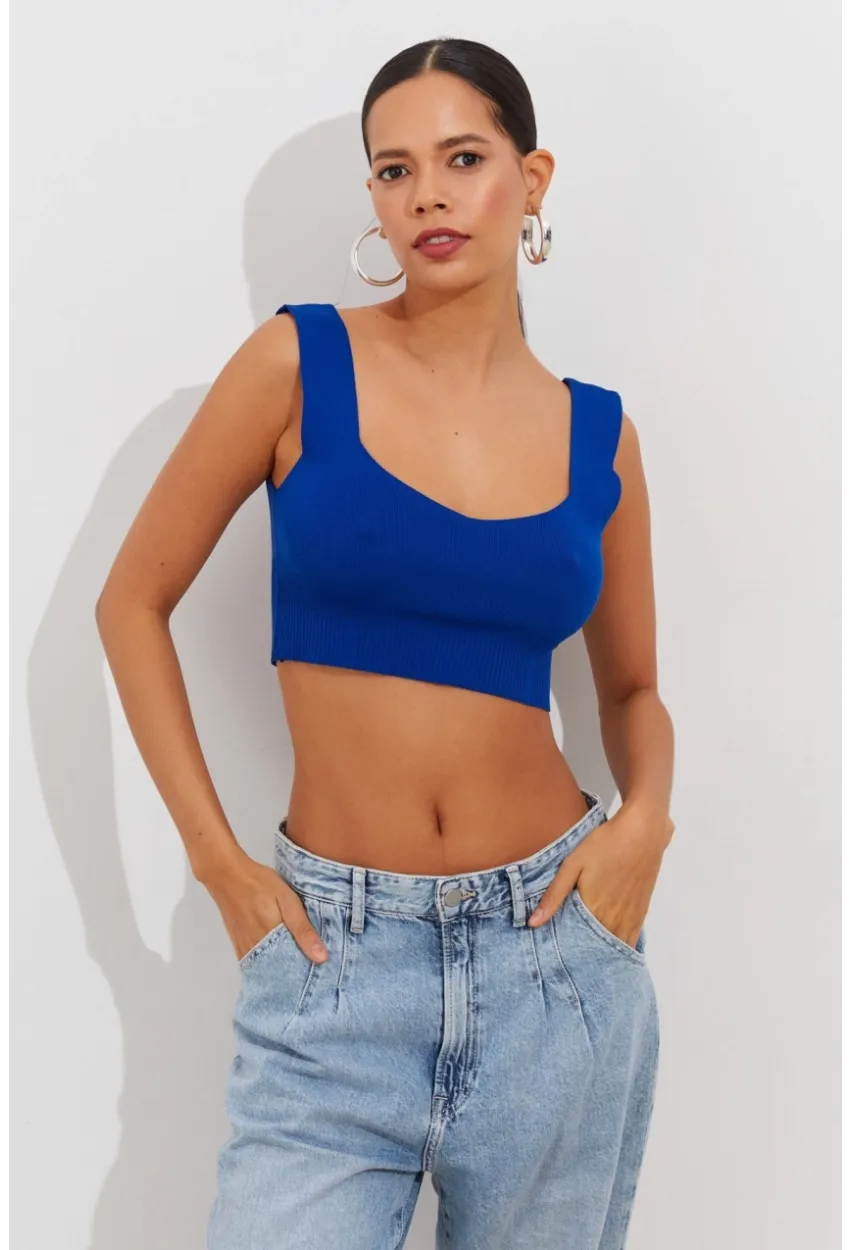 Kadın Saks Triko Crop Atlet YV118