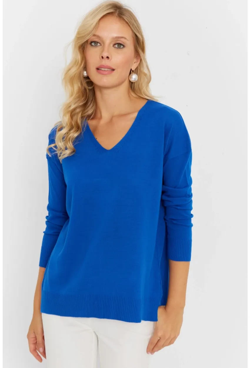 Kadın Saks V Yaka Triko Kazak YİL549