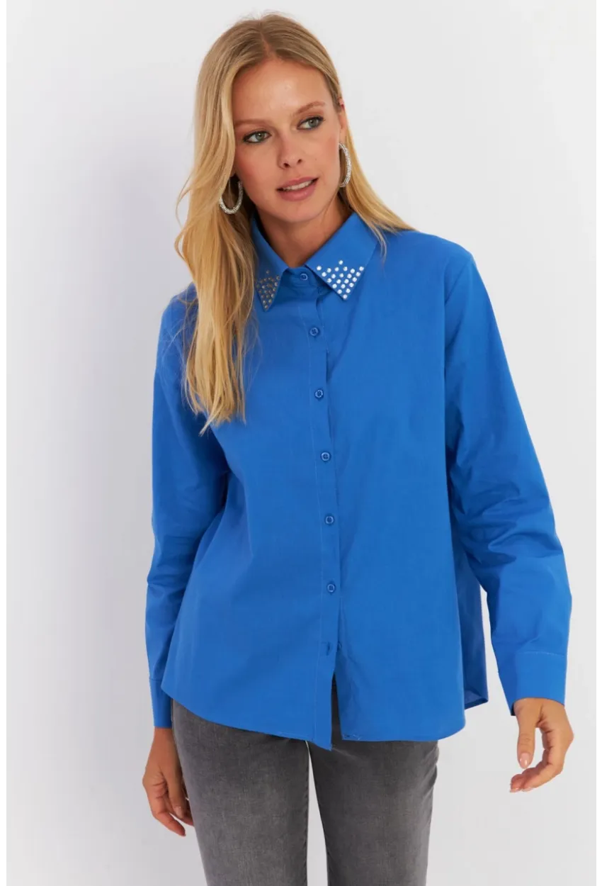 Kadın Saks Yakası Taşlı Gömlek ZER413