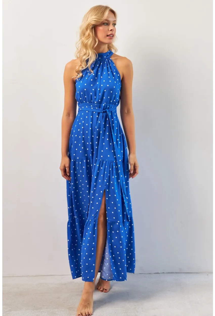 Kadın Saks Yırtmaçlı Puantiyeli Midi Elbise KED4233