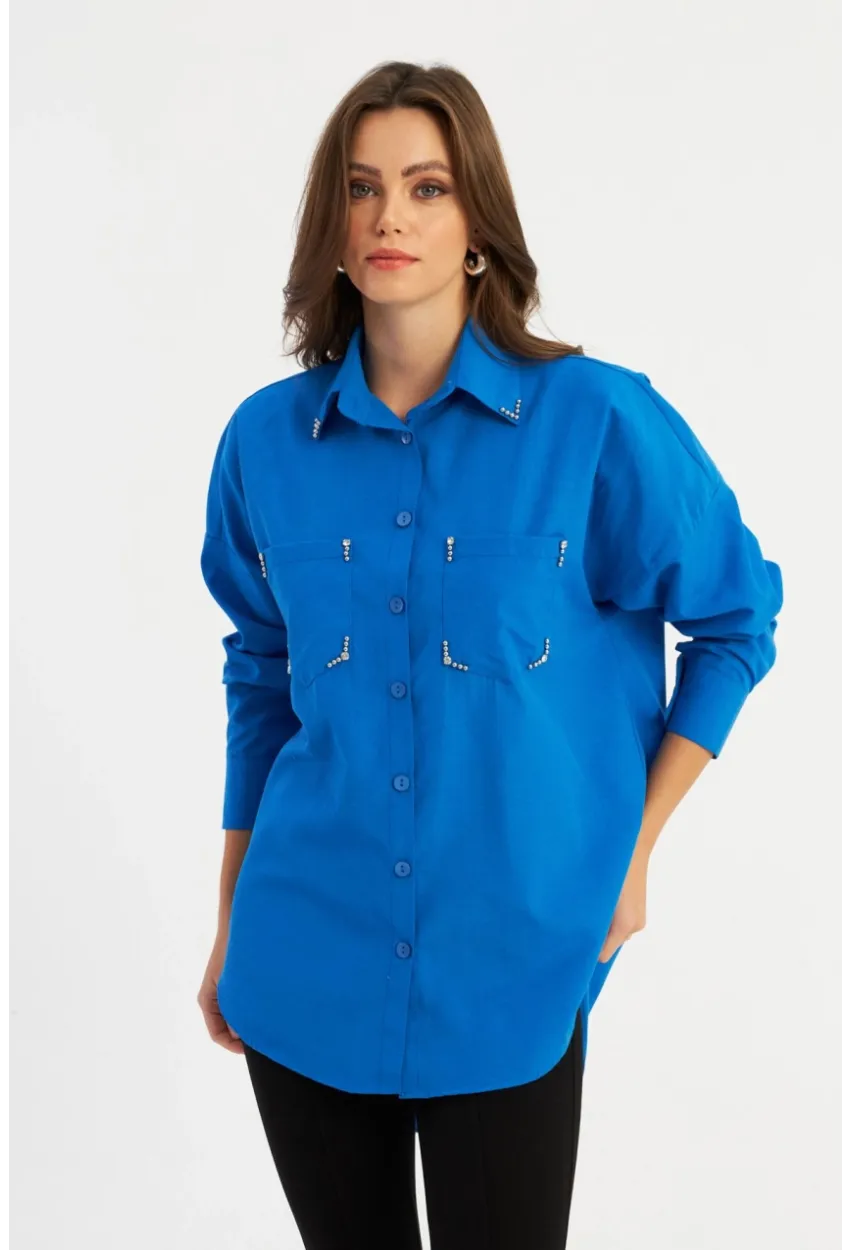 Kadın Saks Zımbalı Gömlek MASF2