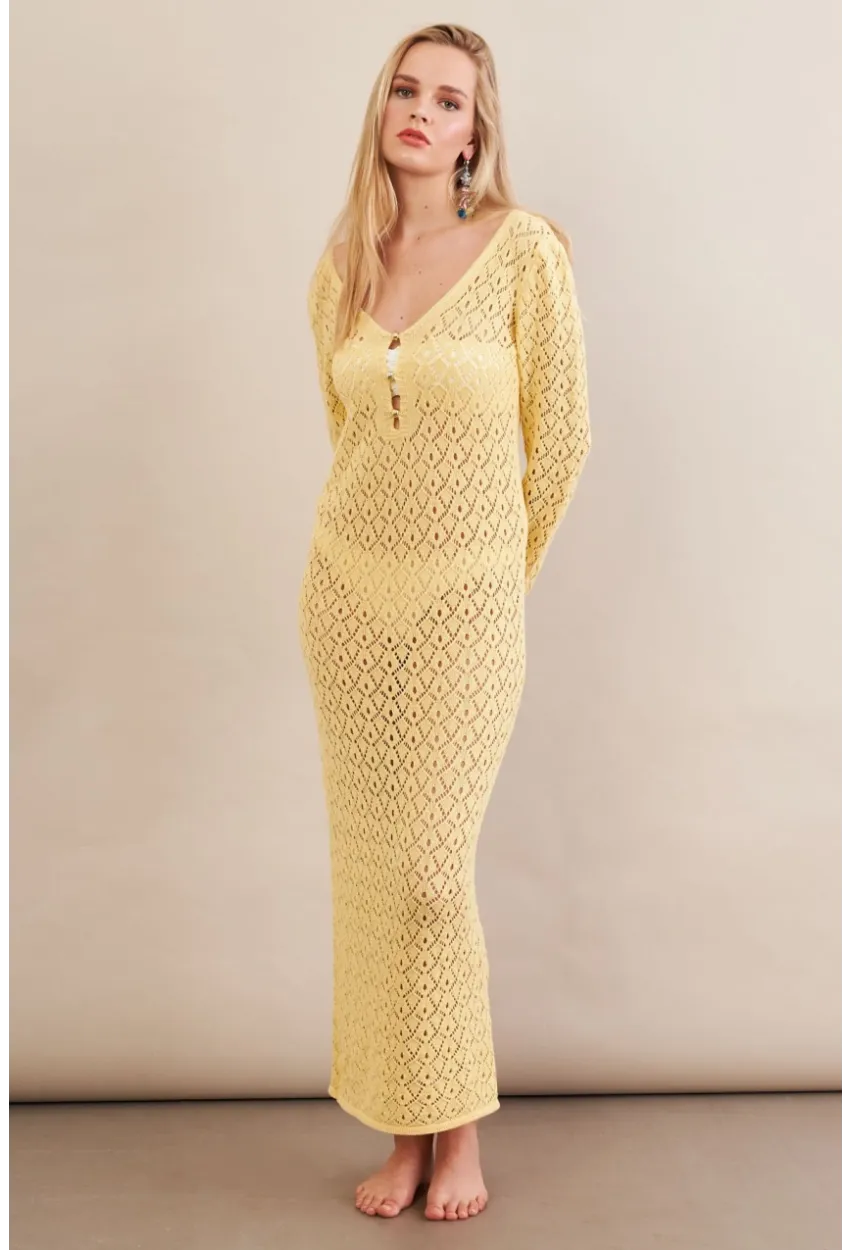Kadın Sarı Aksesuarlı Triko Plaj Elbisesi KZ3237-90