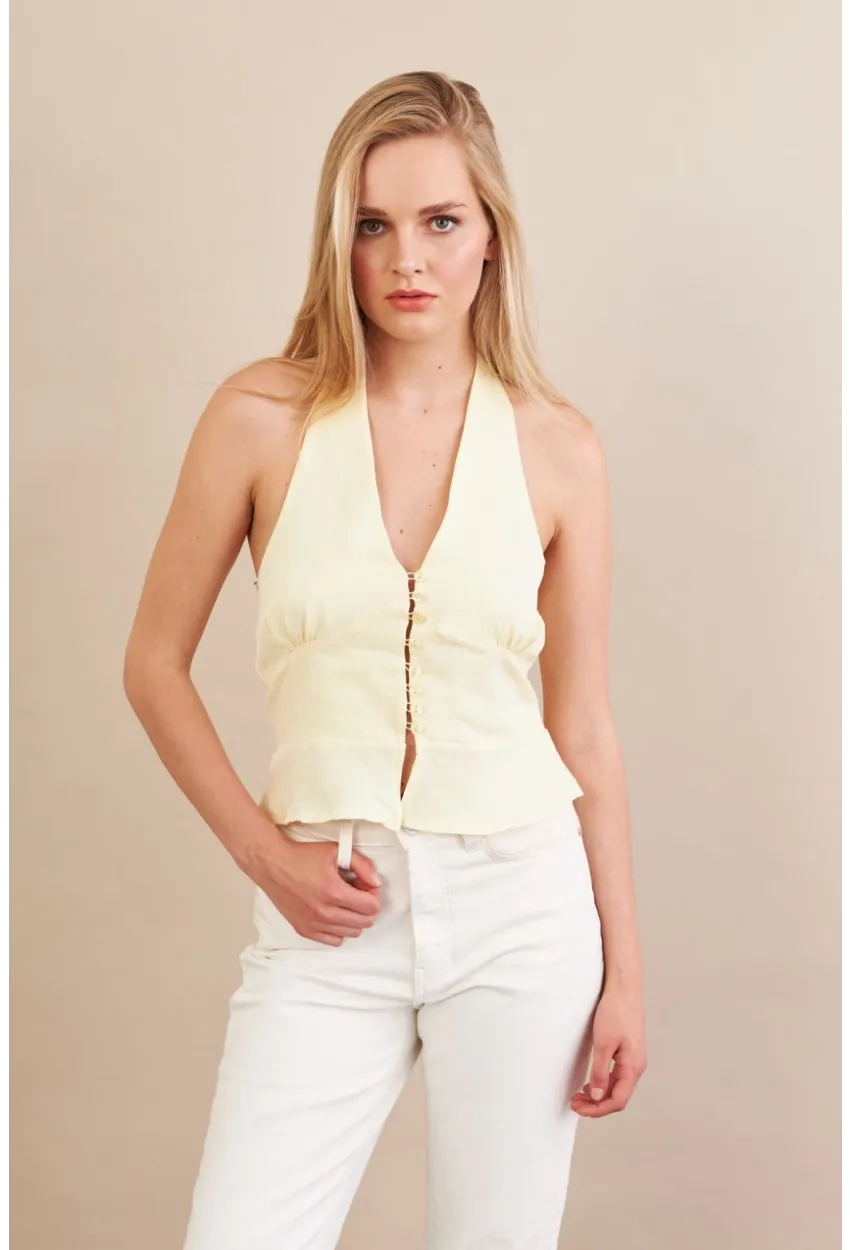 Kadın Sarı Boyun Bağlamalı Keten Yelek FS129