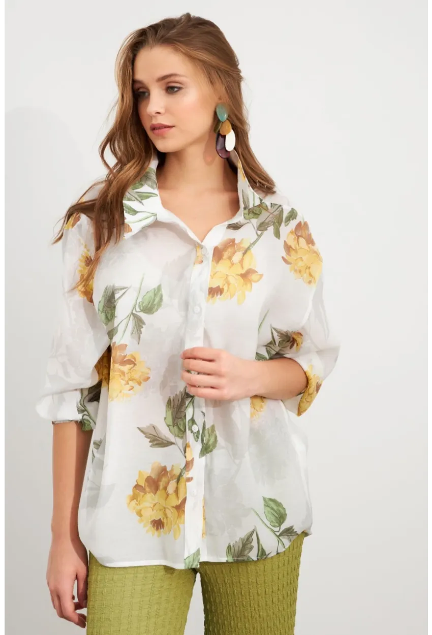 Kadın Sarı Çiçek Desenli İnce Keten Gömlek MCAR1068