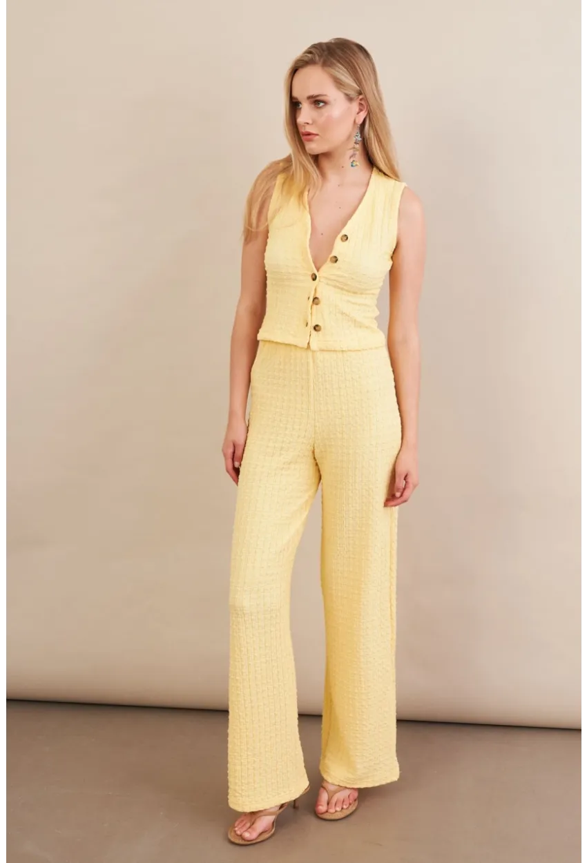 Kadın Sarı Gofre Yelek Pantalon Takım FLU330