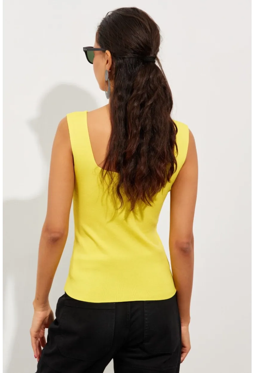 Kadın Sarı Kare Yaka Triko Bluz YV87
