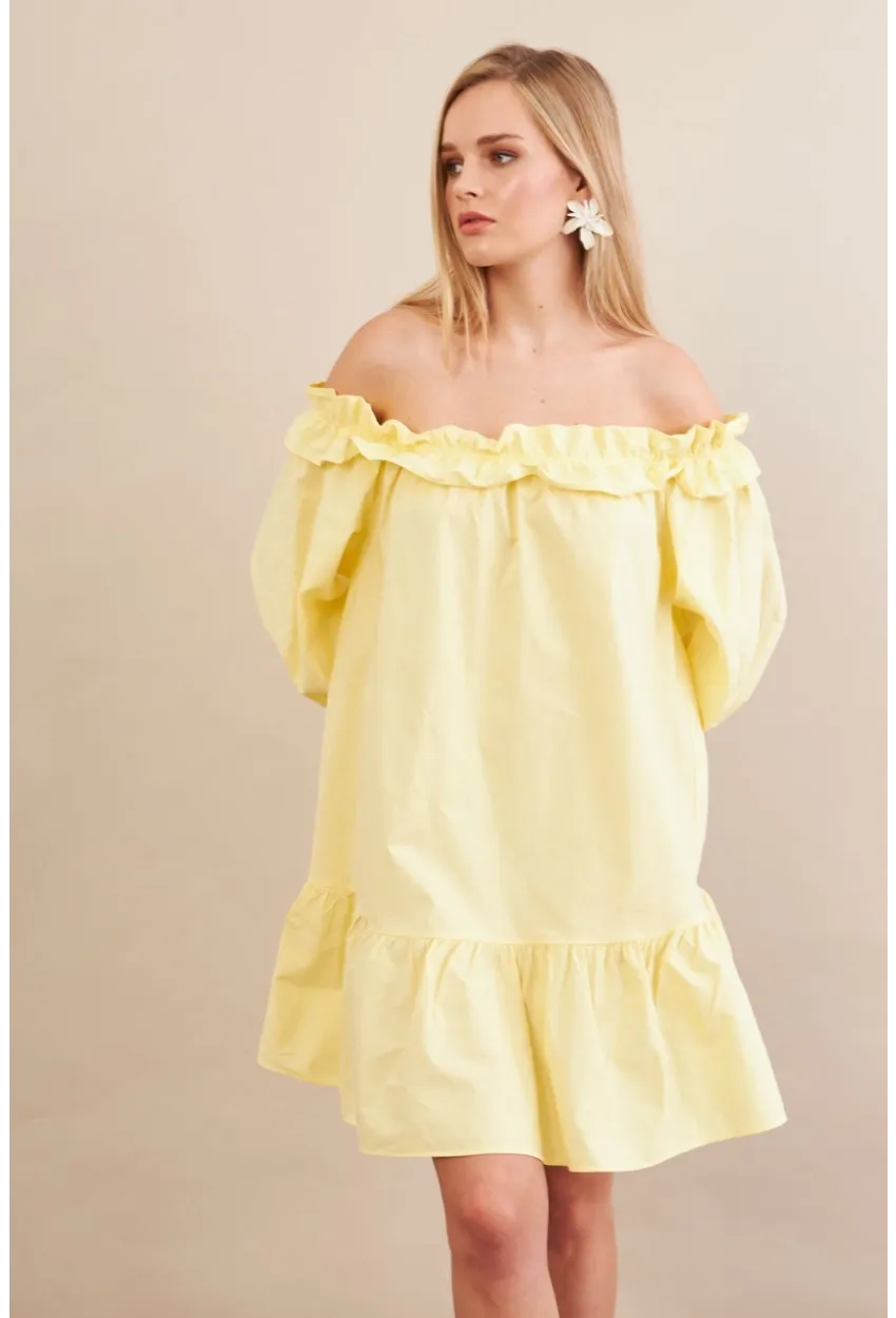 Kadın Sarı Madonna Yaka Midi Elbise PSG1012