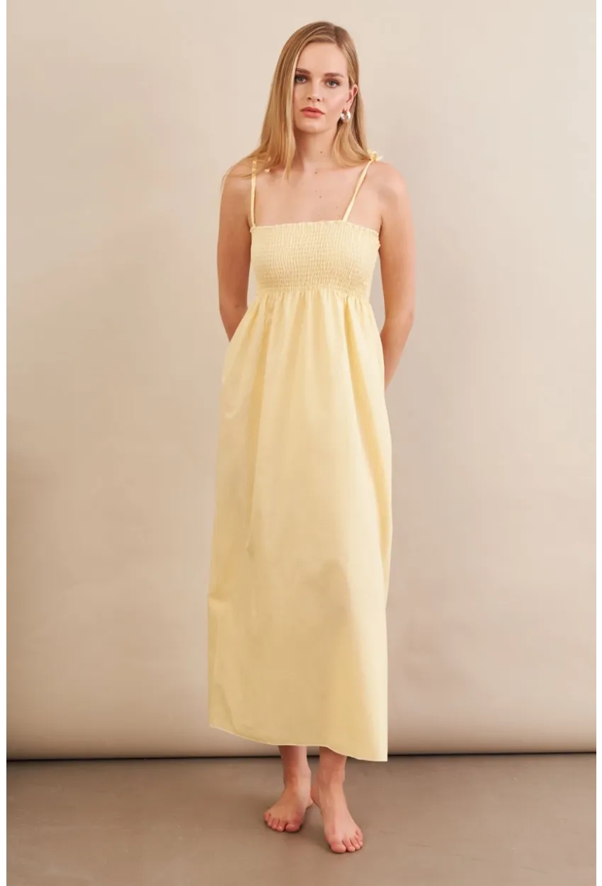 Kadın Sarı Straplez Çizgili Plaj Elbisesi