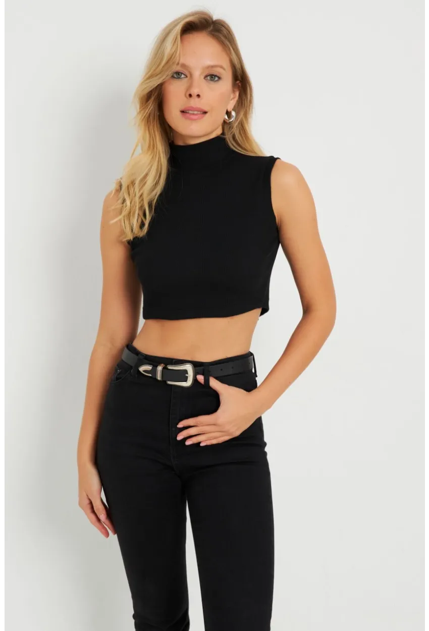 Kadın Sırt Fermuarlı Crop Bluz Siyah EY2730