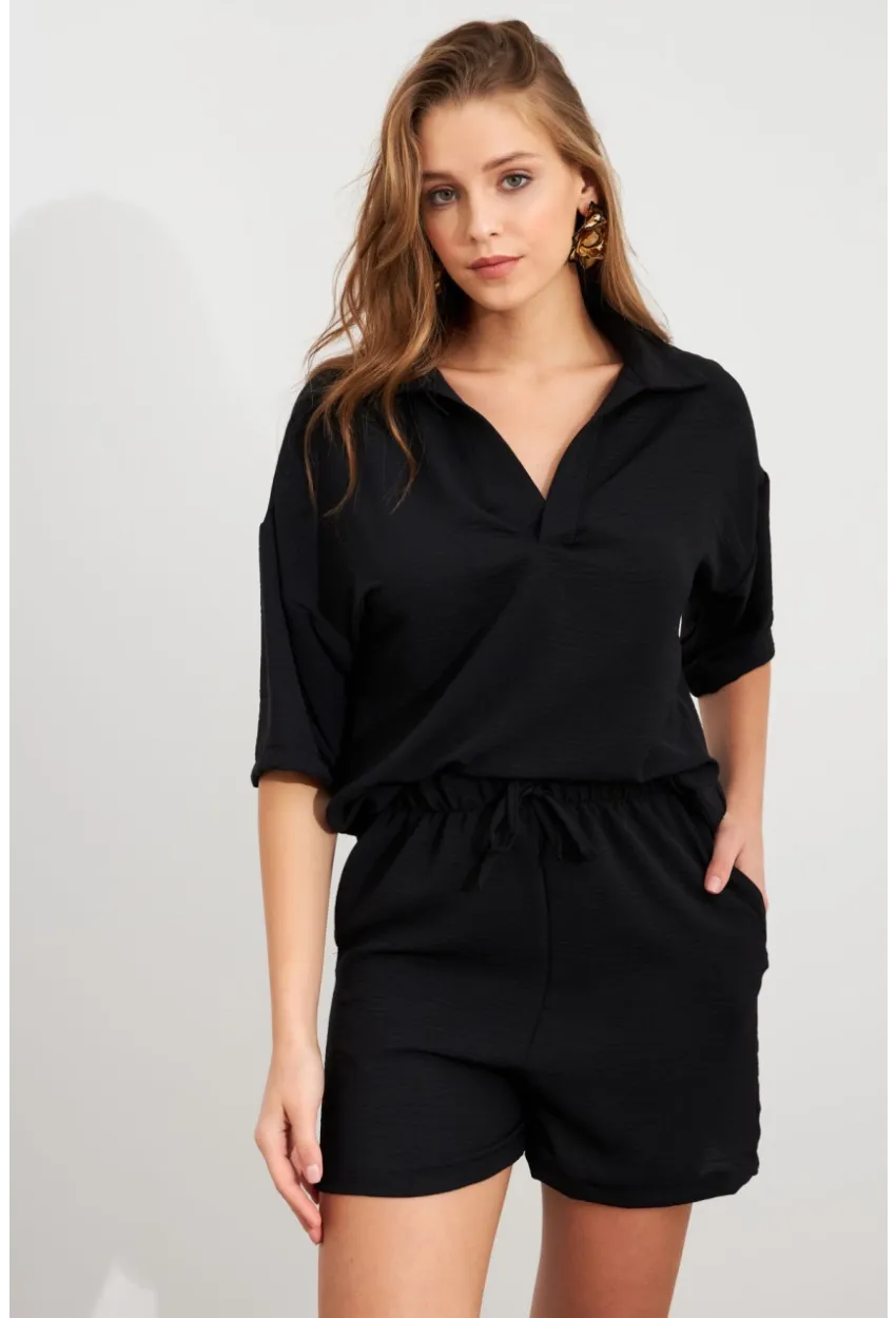 Kadın Siyah Aerobin Şort Takım Q1005