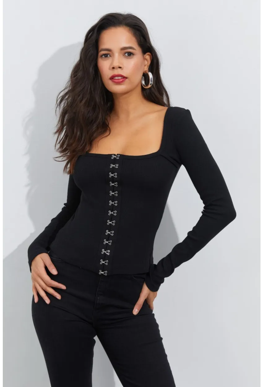 Kadın Siyah Agraflı Kaşkorse Bluz B1908