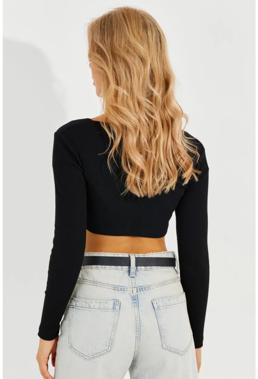 Kadın Siyah Agraflı Kaşkorse Crop Bluz EY2571