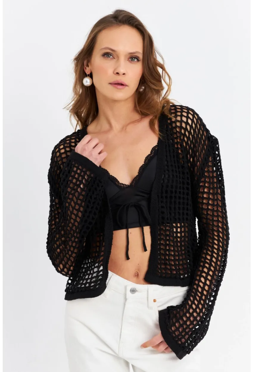 Kadın Siyah Ajurlu İspanyol Kol Hırka DS200-90