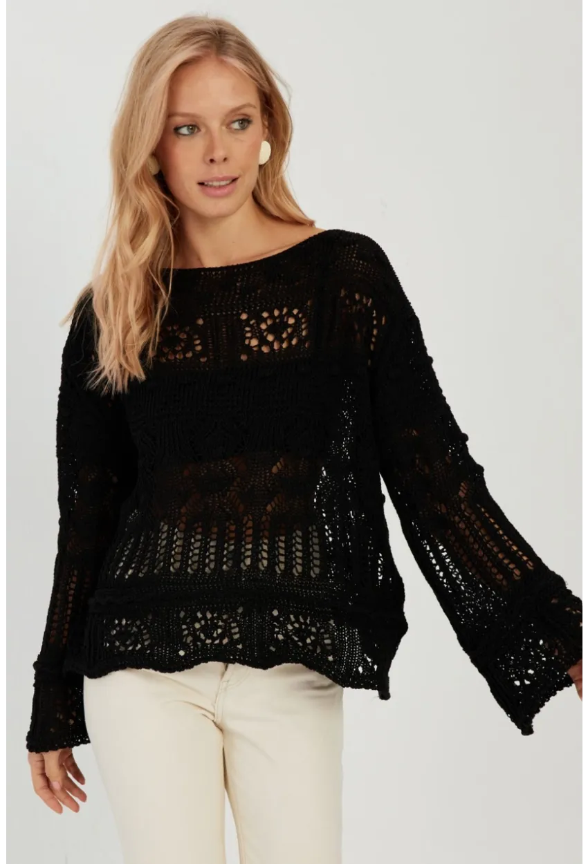 Kadın Siyah Ajurlu Triko Bluz YZ620