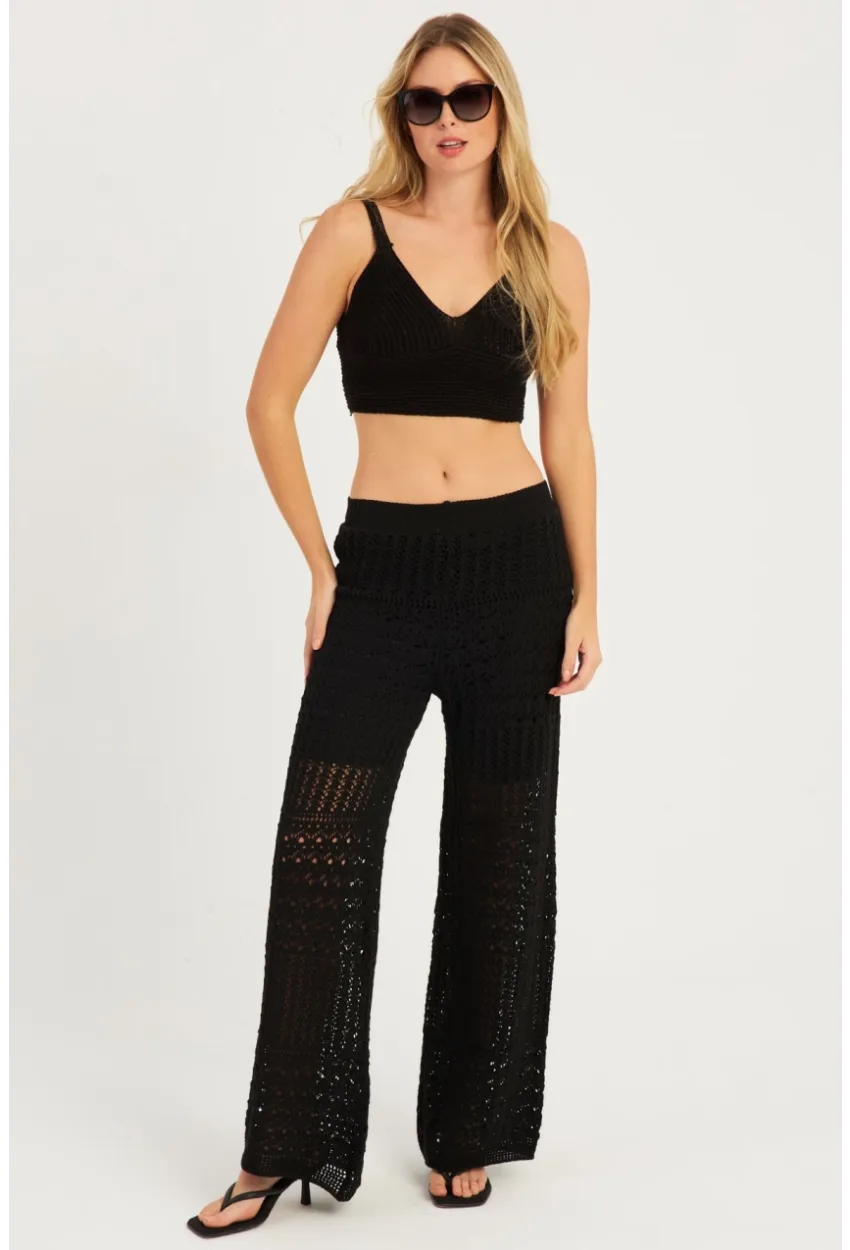 Kadın Siyah Ajurlu Triko Pantolon YZ3062