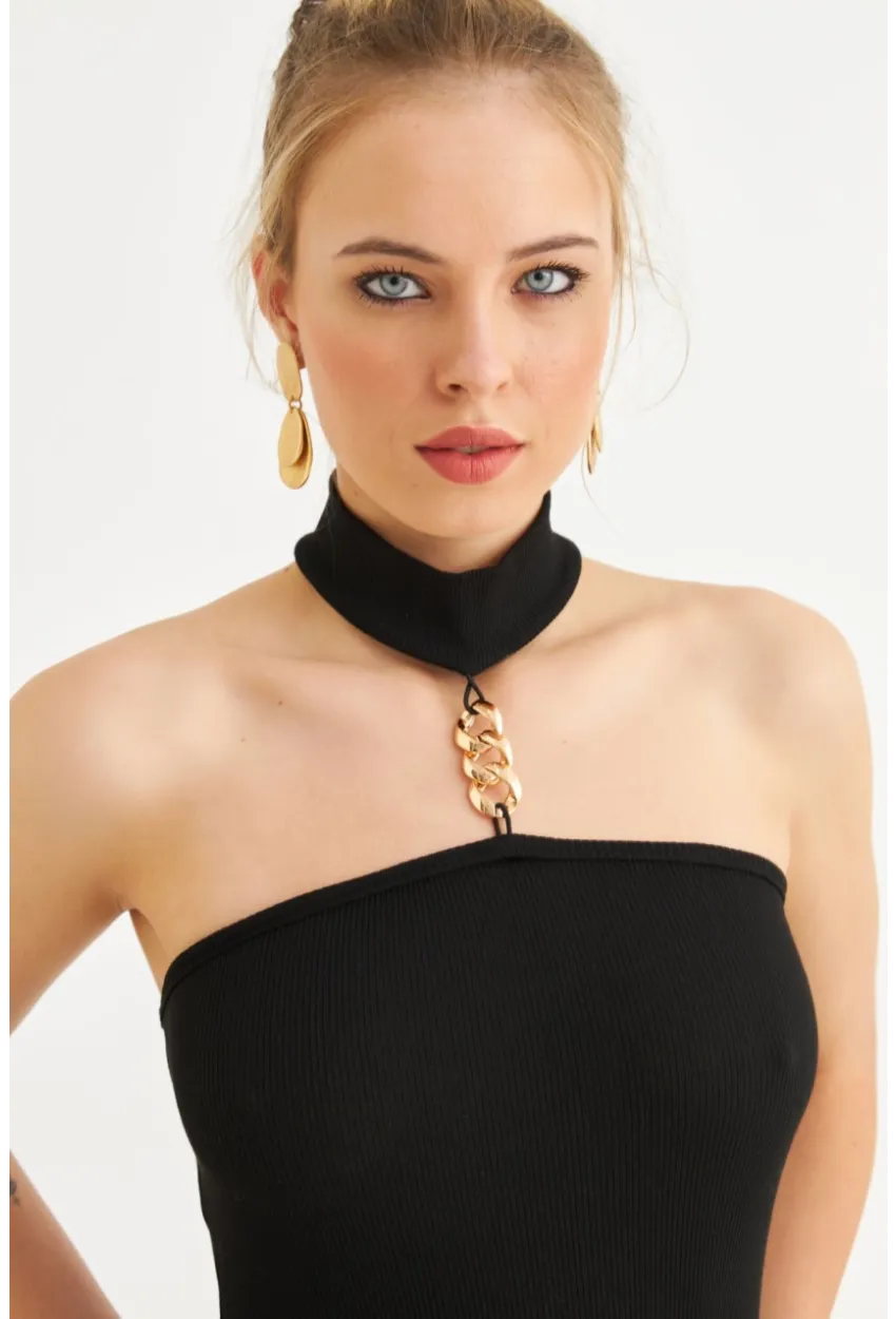 Kadın Siyah Aksesuar Detaylı Kaşkorse Bluz EY3084