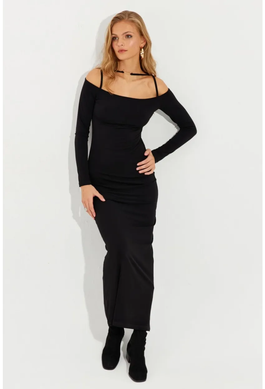Kadın Siyah Aksesuar Detaylı Midi Elbise MEN2016