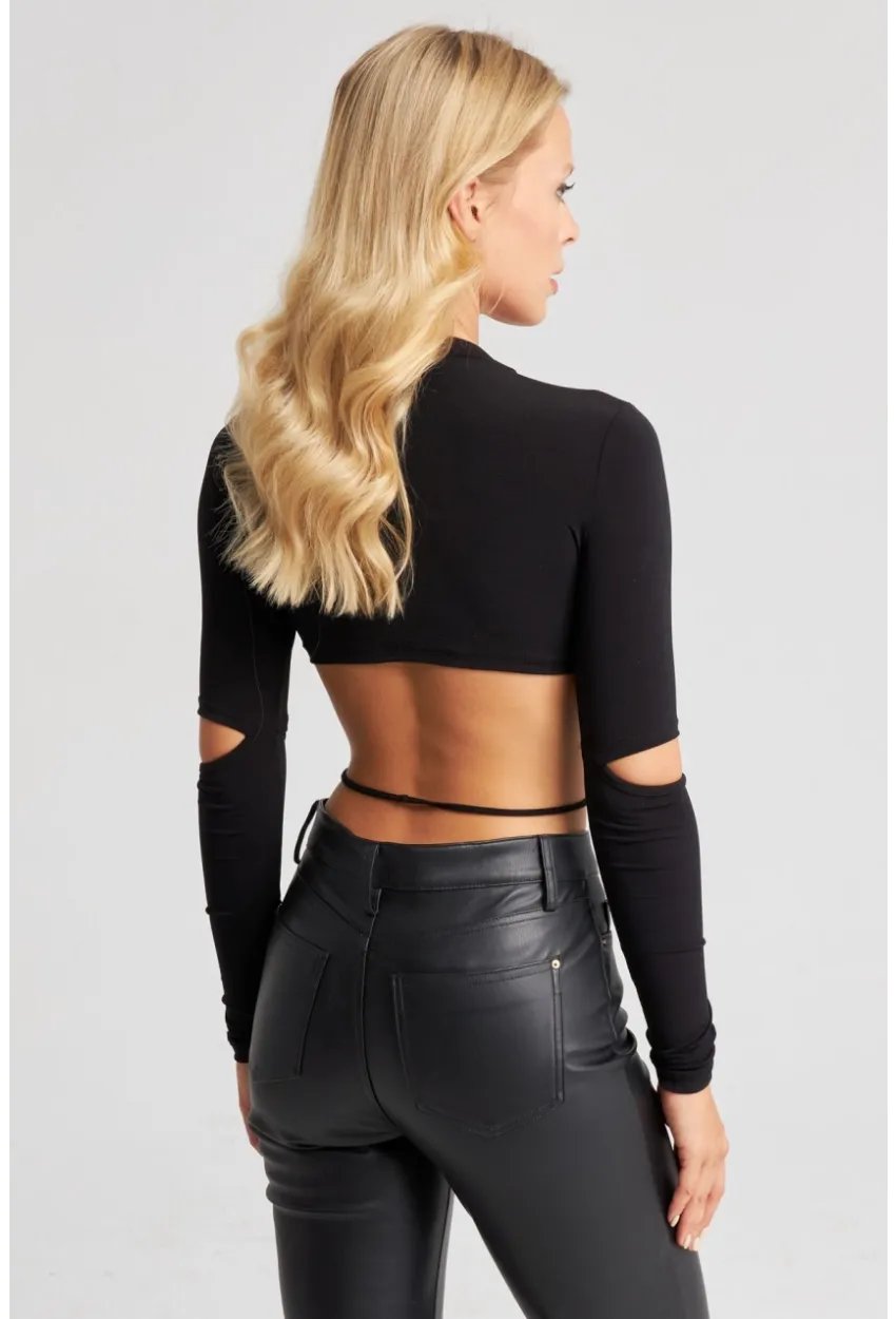 Kadın Siyah Aksesuarlı Crop Bluz B2947