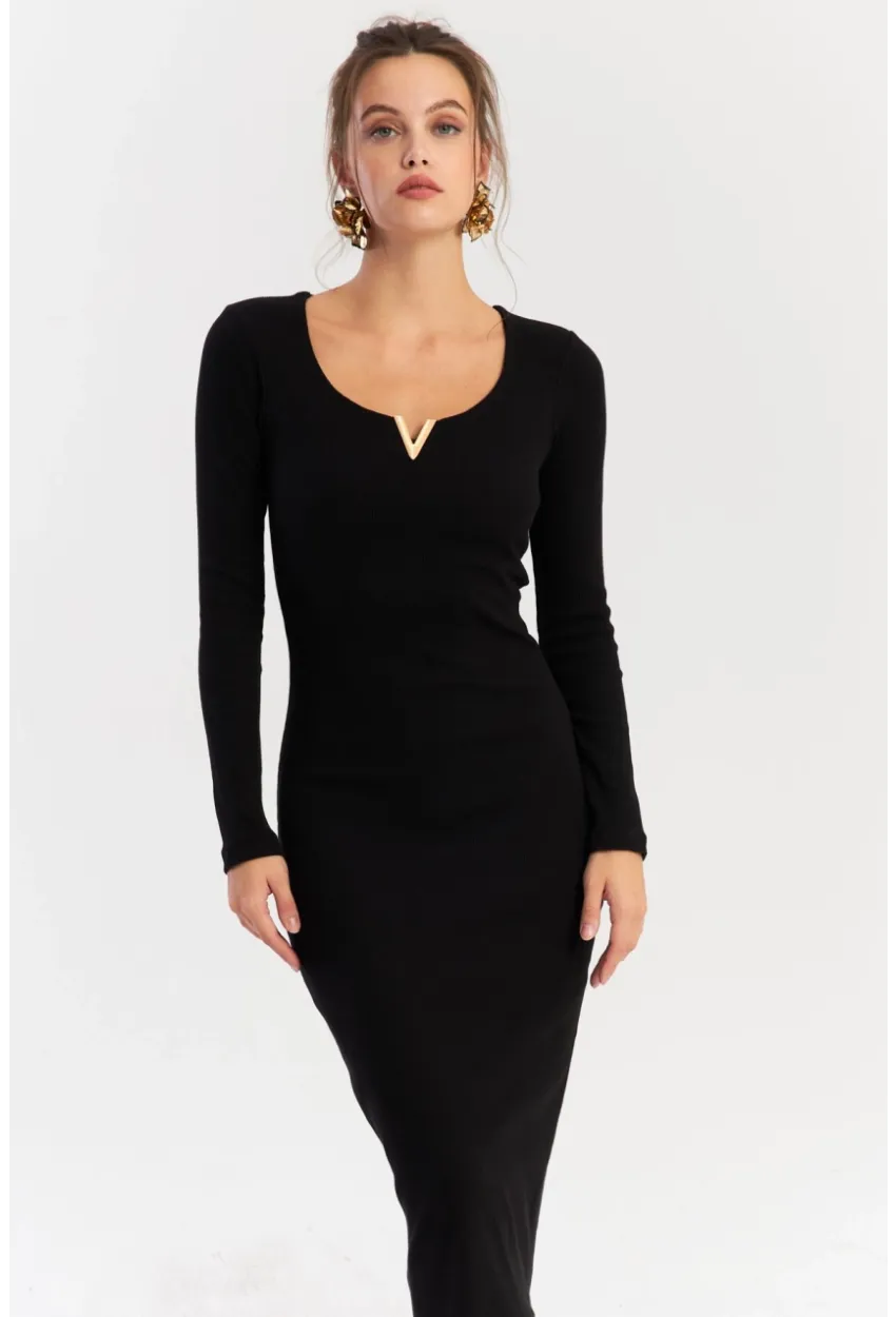 Kadın Siyah Aksesuarlı Kaşkorse Midi Elbise RLO75