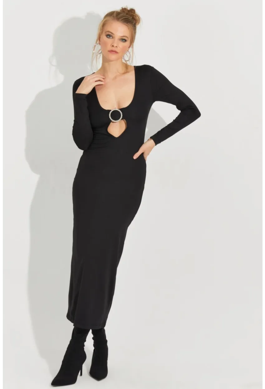 Kadın Siyah Aksesuarlı Midi Elbise EY2591
