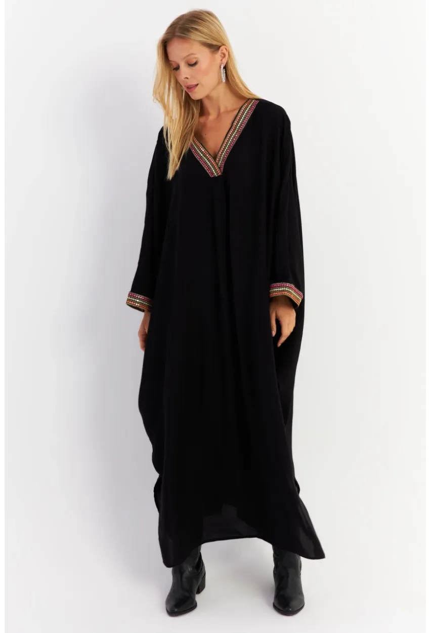 Kadın Siyah Aksesuarlı Şeritli Maxi Elbise ALO12