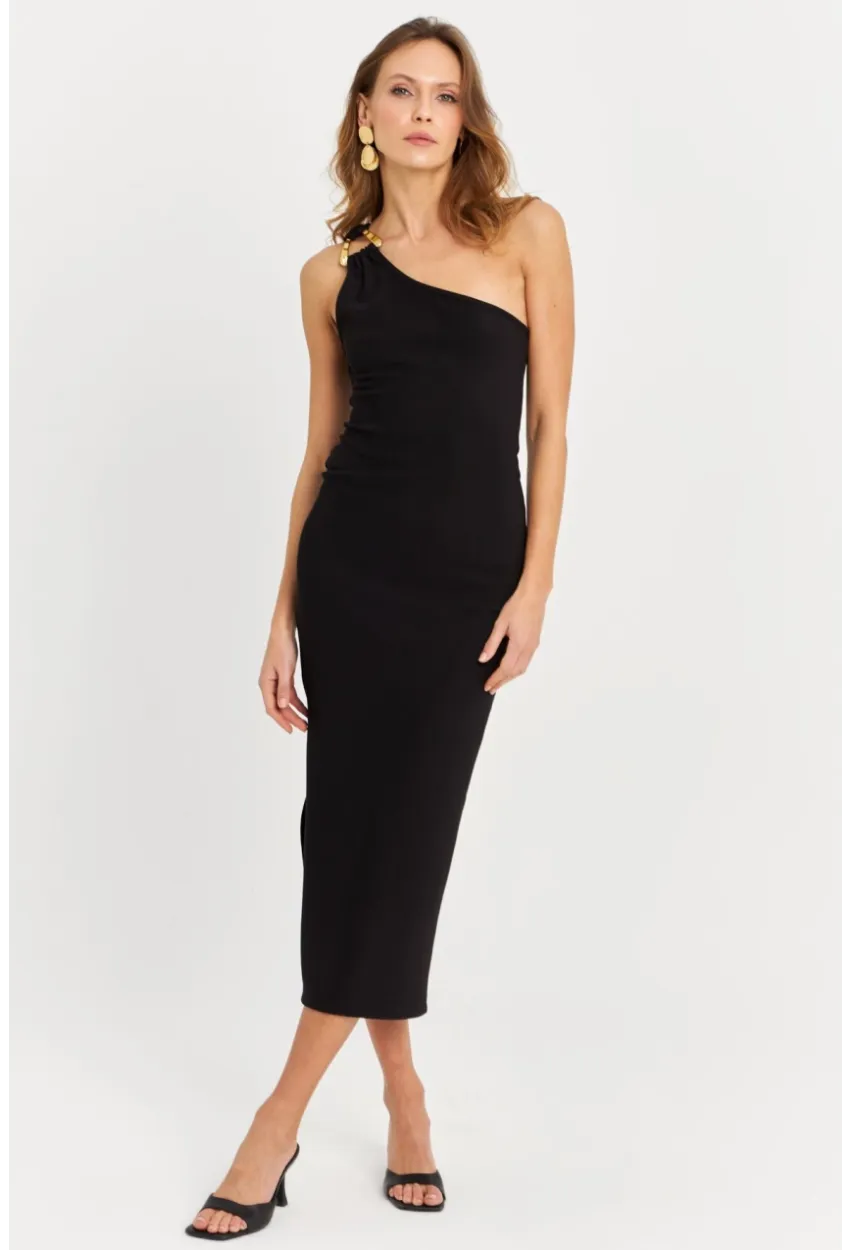 Kadın Siyah Aksesuarlı Tek Omuz Midi Elbise MOD1866