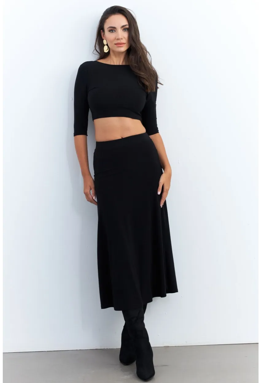 Kadın Siyah Alt Üst Crop Etek Takım ELT3844