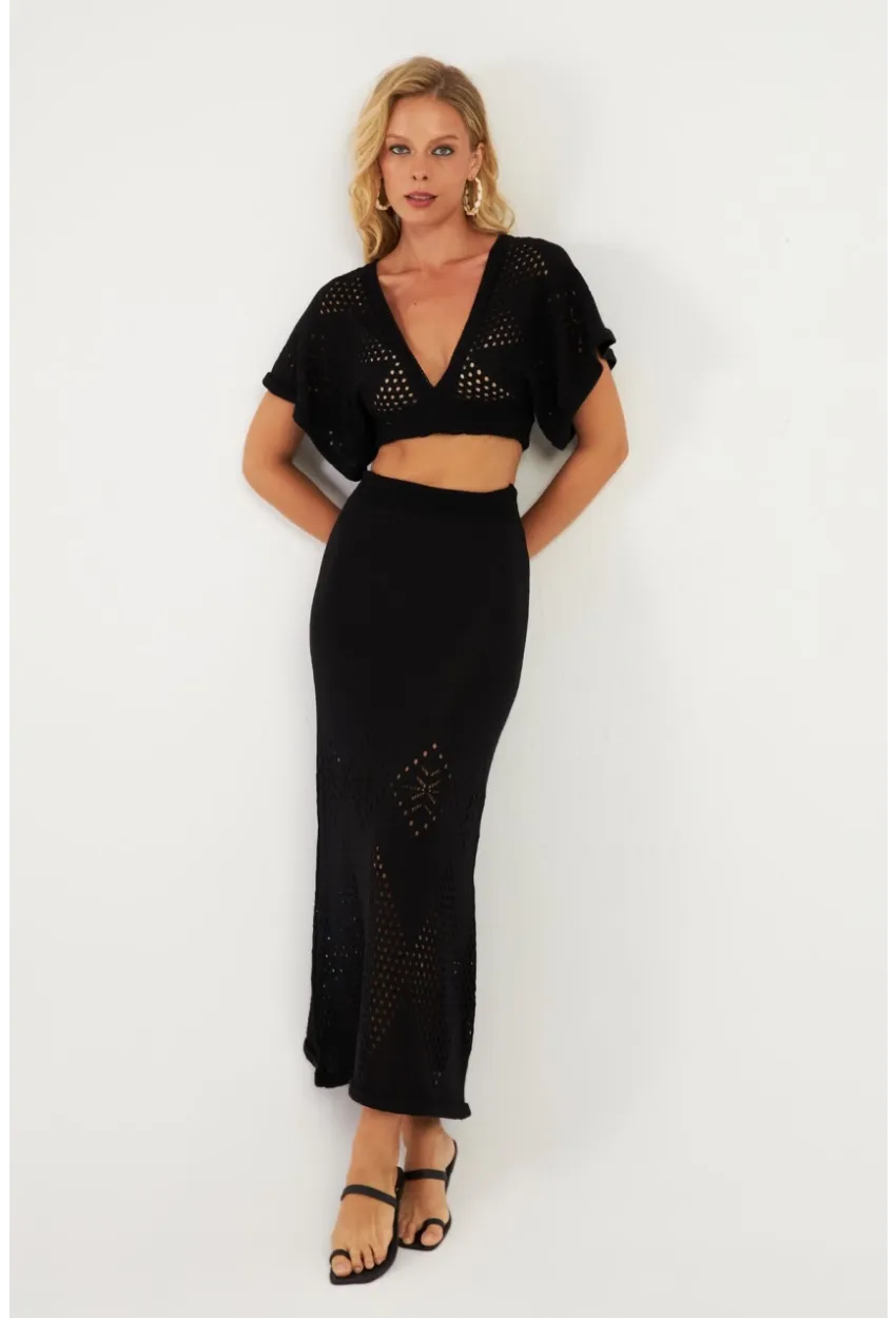 Kadın Siyah Alt Üst Triko Etek Takım KZ3233