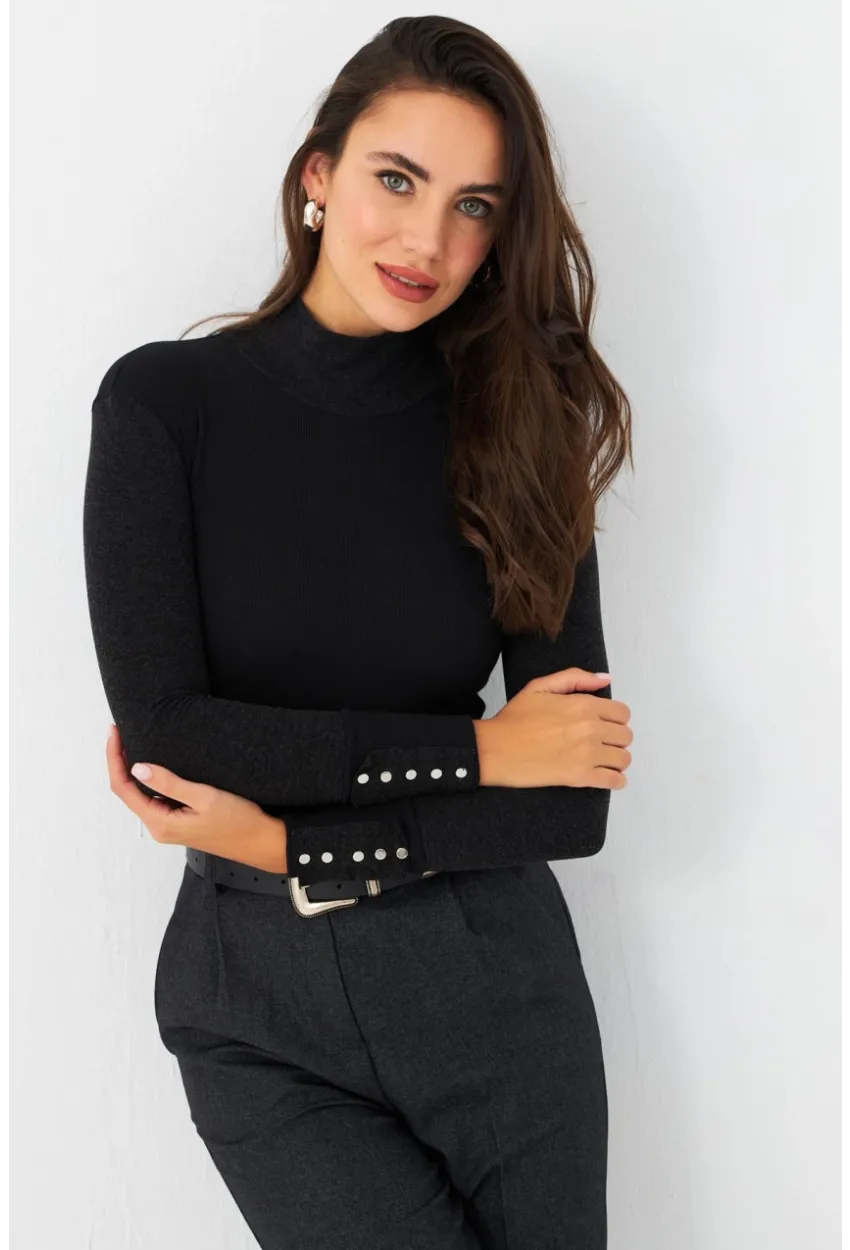 Kadın Siyah-Antrasit Kol Aksesuarlı Kaşkorse Bluz MTF44