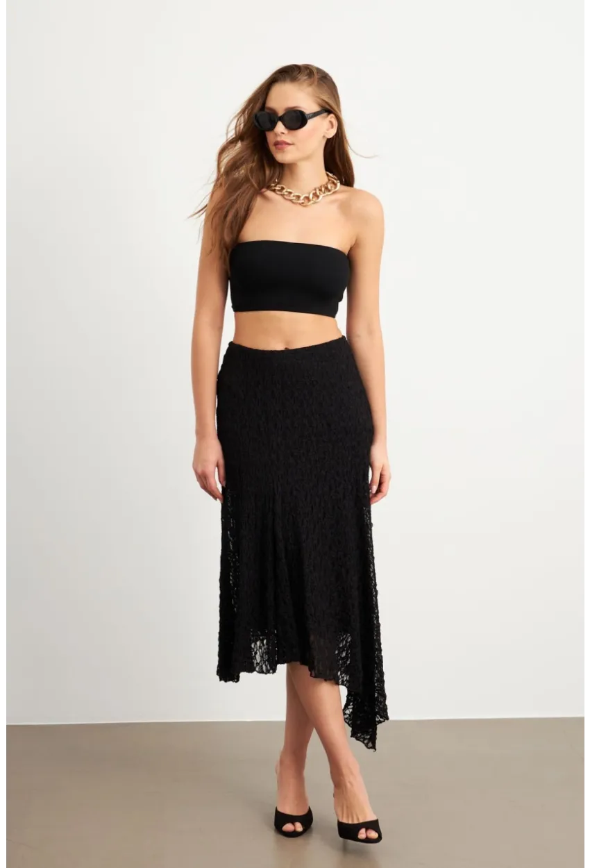 Kadın Siyah Asimetrik Dantel Midi Etek ZH357