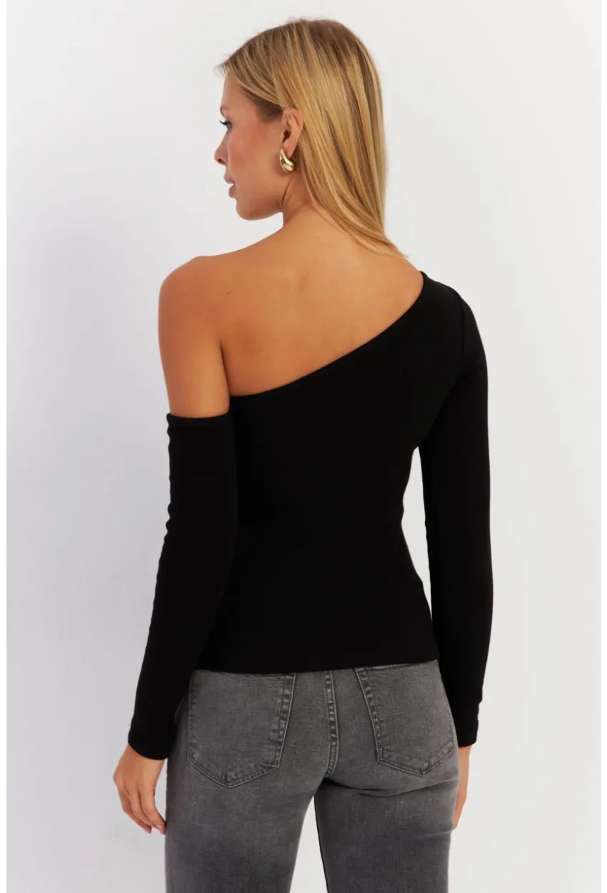 Kadın Siyah Asimetrik Kollu Kaşkorse Bluz HOR1