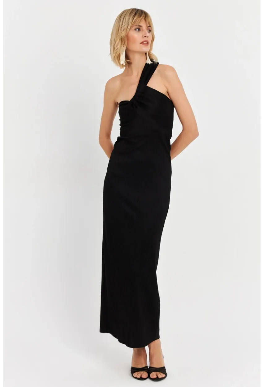 Kadın Siyah Asimetrik Yaka Maxi Elbise NH25455