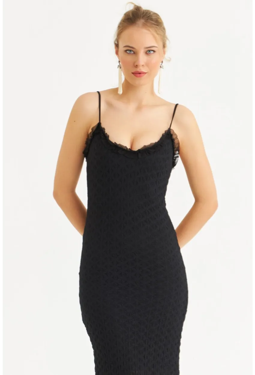 Kadın Siyah Astarlı Dantel Maxi Elbise YEL221662