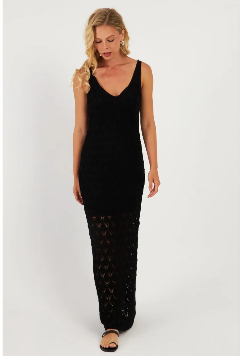 Kadın Siyah Astarlı Triko Maxi Elbise KZ3211