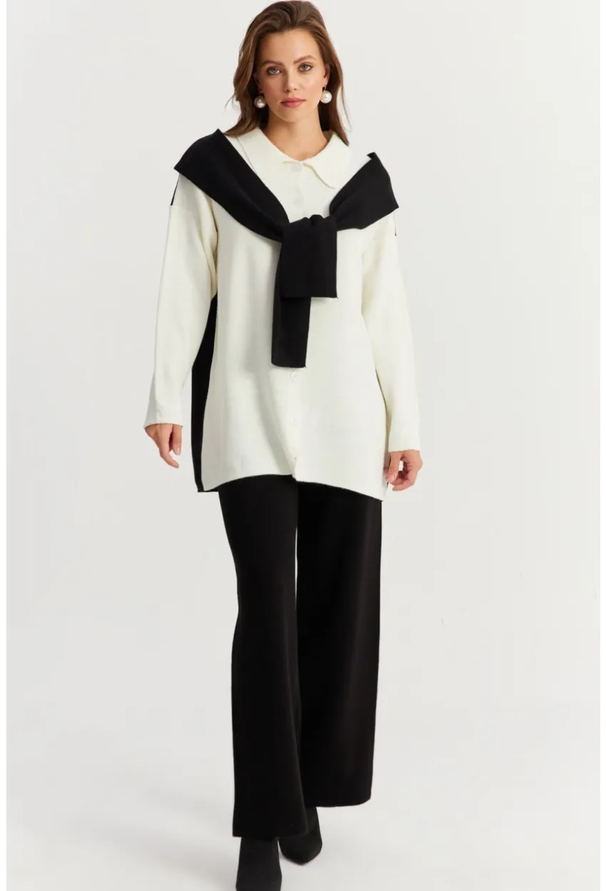 Kadın Siyah Atkılı Triko Hırka Alt Üst Takım NUV20