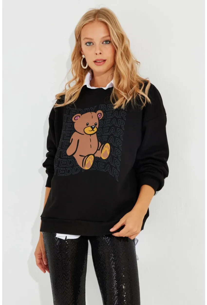 Kadın Siyah Ayıcık Baskılı Sweatshirt ZM288