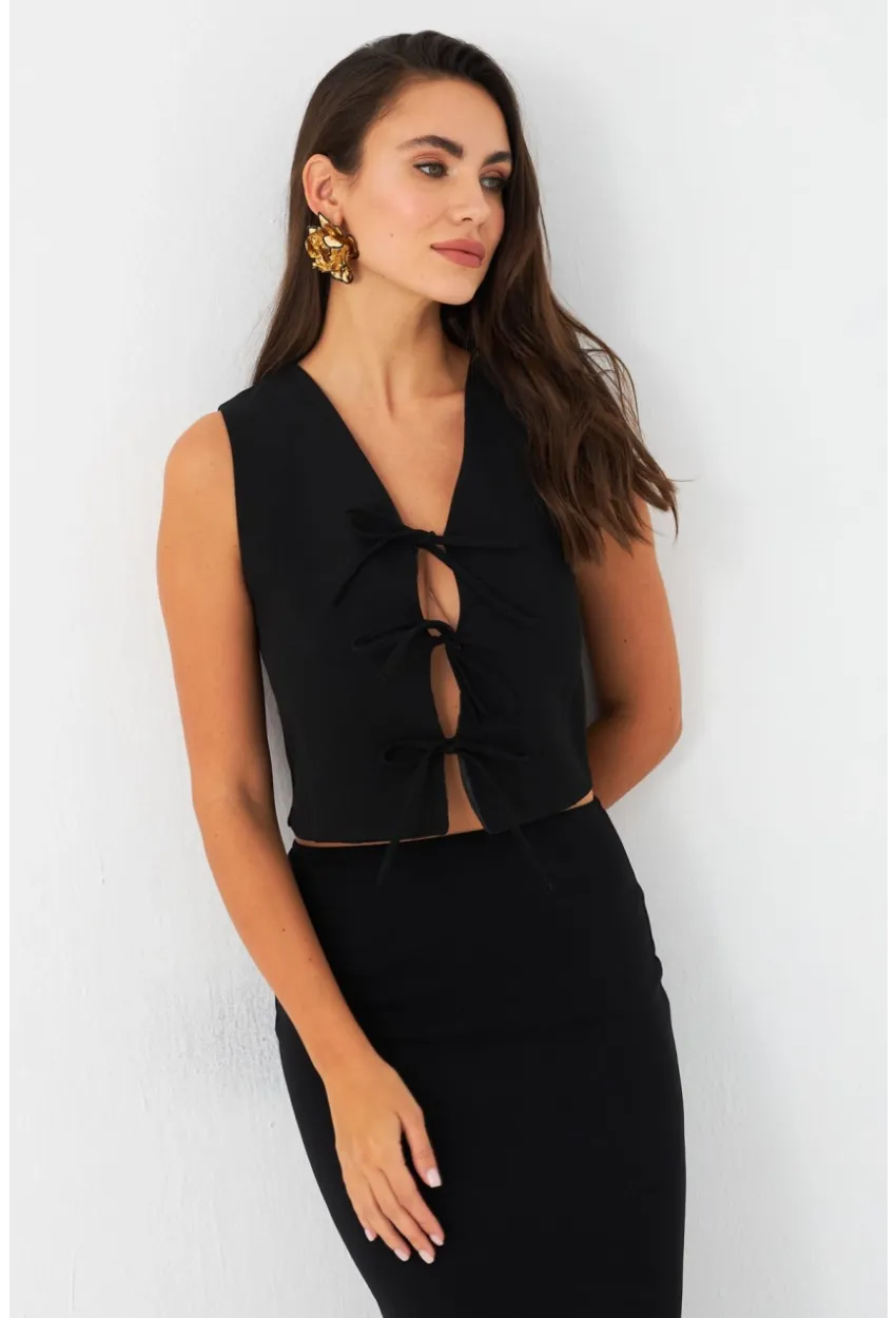 Kadın Siyah Bağlama Detaylı Astarlı Yelek ELA6645