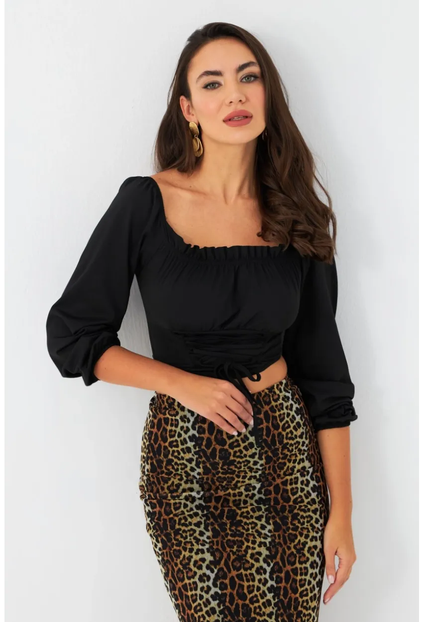 Kadın Siyah Bağlama Detaylı Crop Bluz CG387