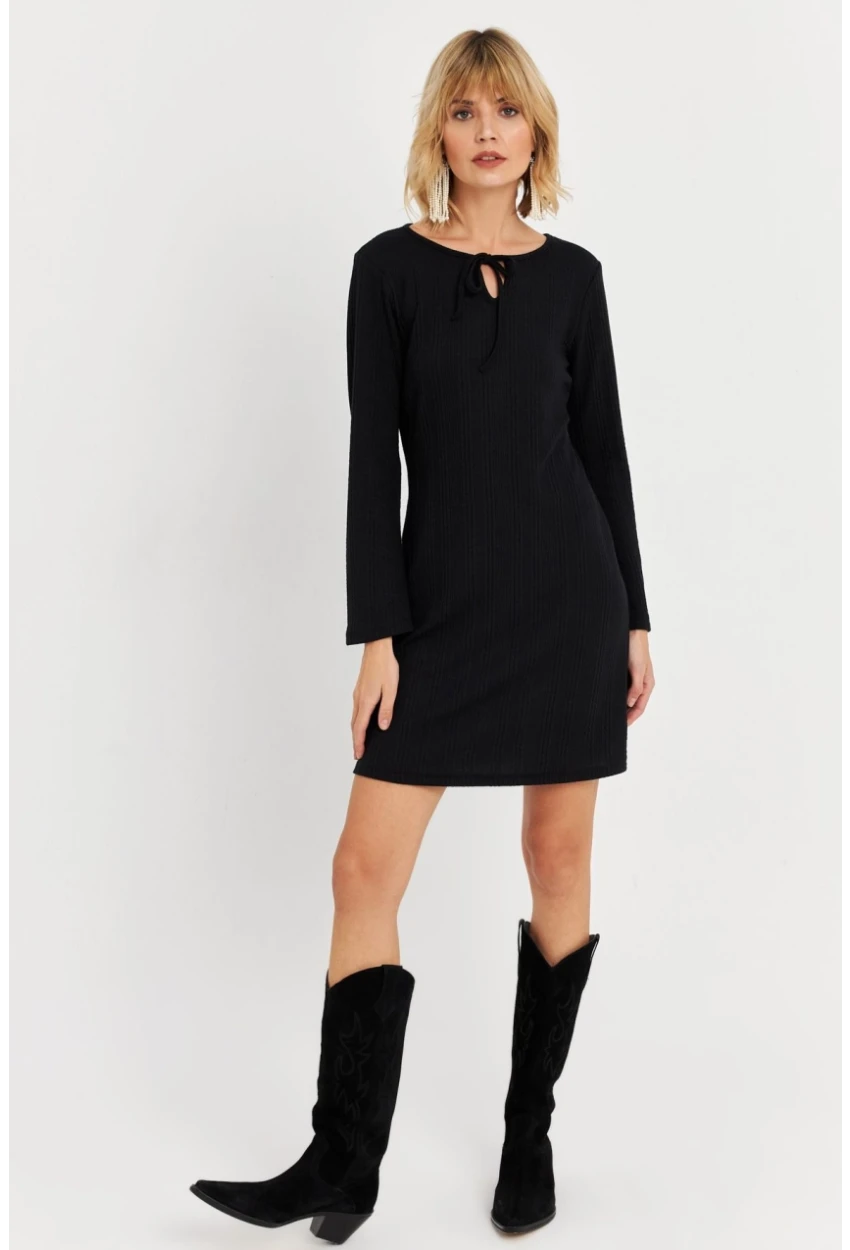 Kadın Siyah Bağlama Detaylı Mini Elbise TF68