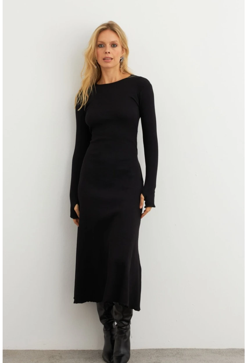 Kadın Siyah Bağlamalı Kaşkorse Midi Elbise MFRY2268