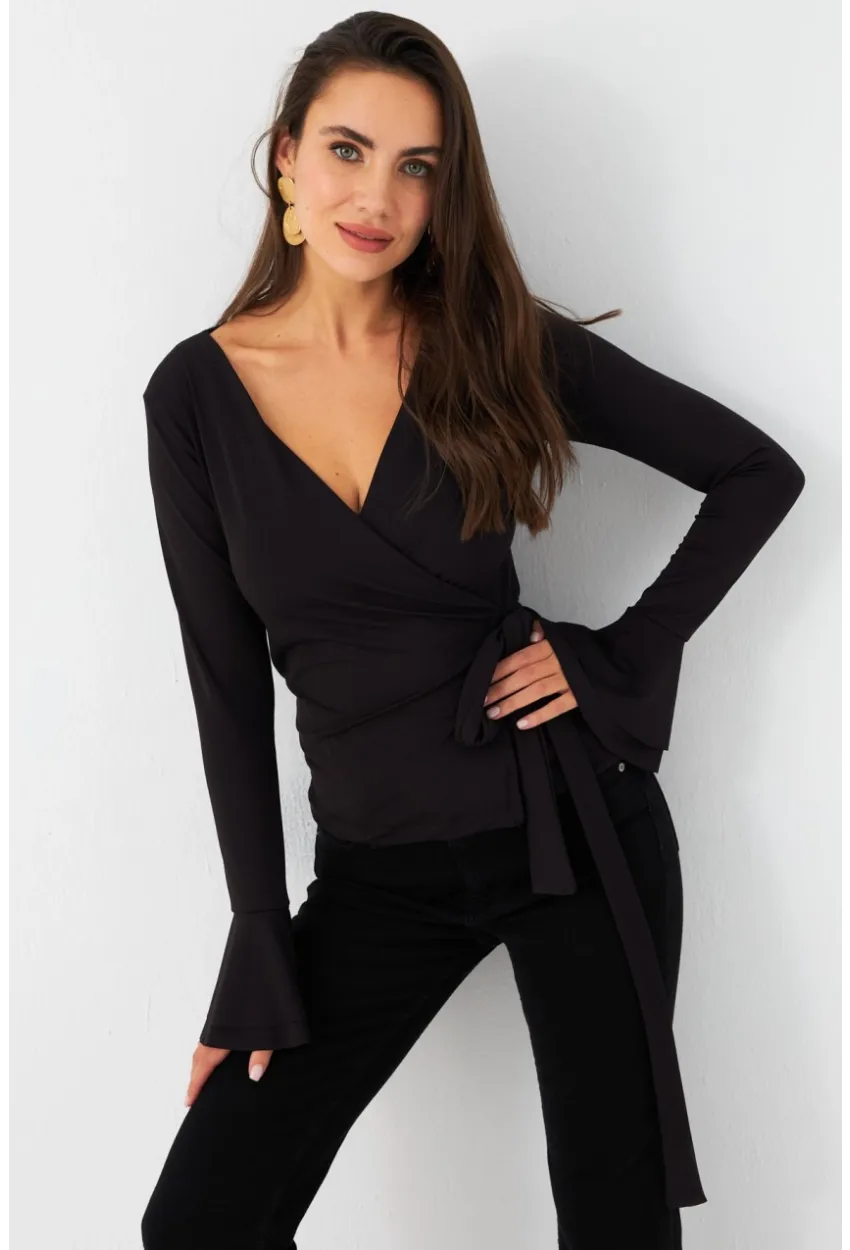 Kadın Siyah Bağlamalı Kruvaze Bluz EY2978