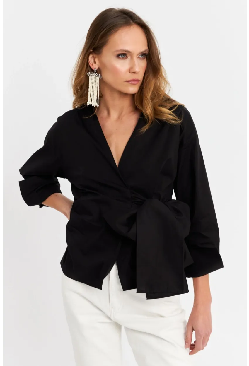 Kadın Siyah Bağlamalı Kruvaze Gömlek MFS9792