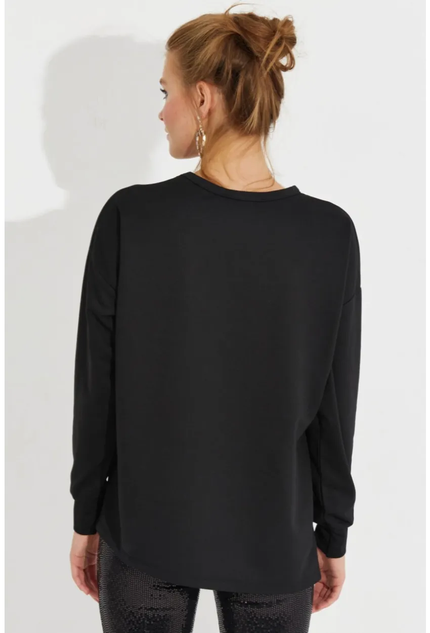 Kadın Siyah Bağlamalı Sweatshirt Yİ2493