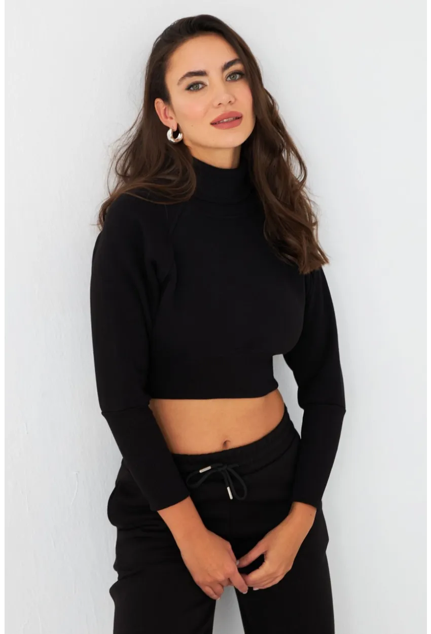 Kadın Siyah Balıkçı Crop Sweatshirt DY1469