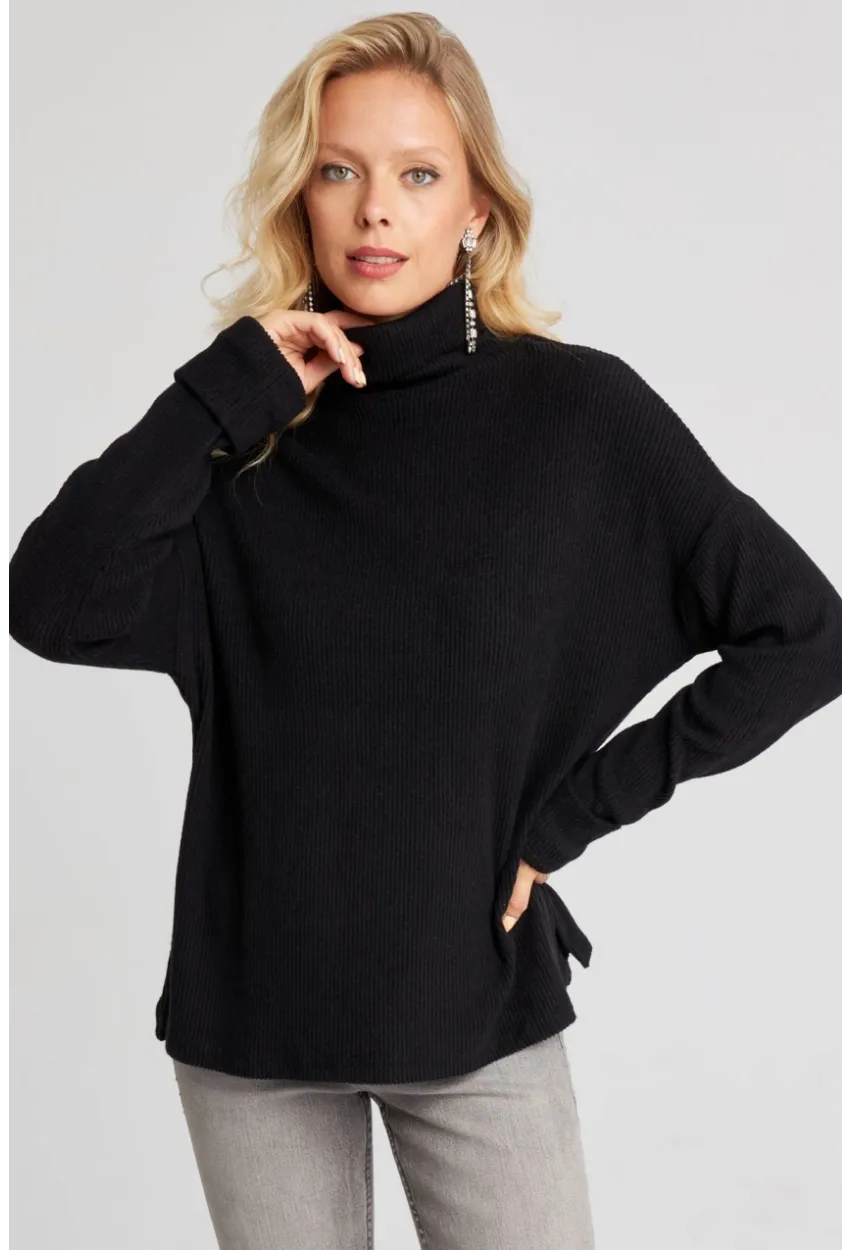 Kadın Siyah Balıkçı Fitilli Triko Kazak AYD257