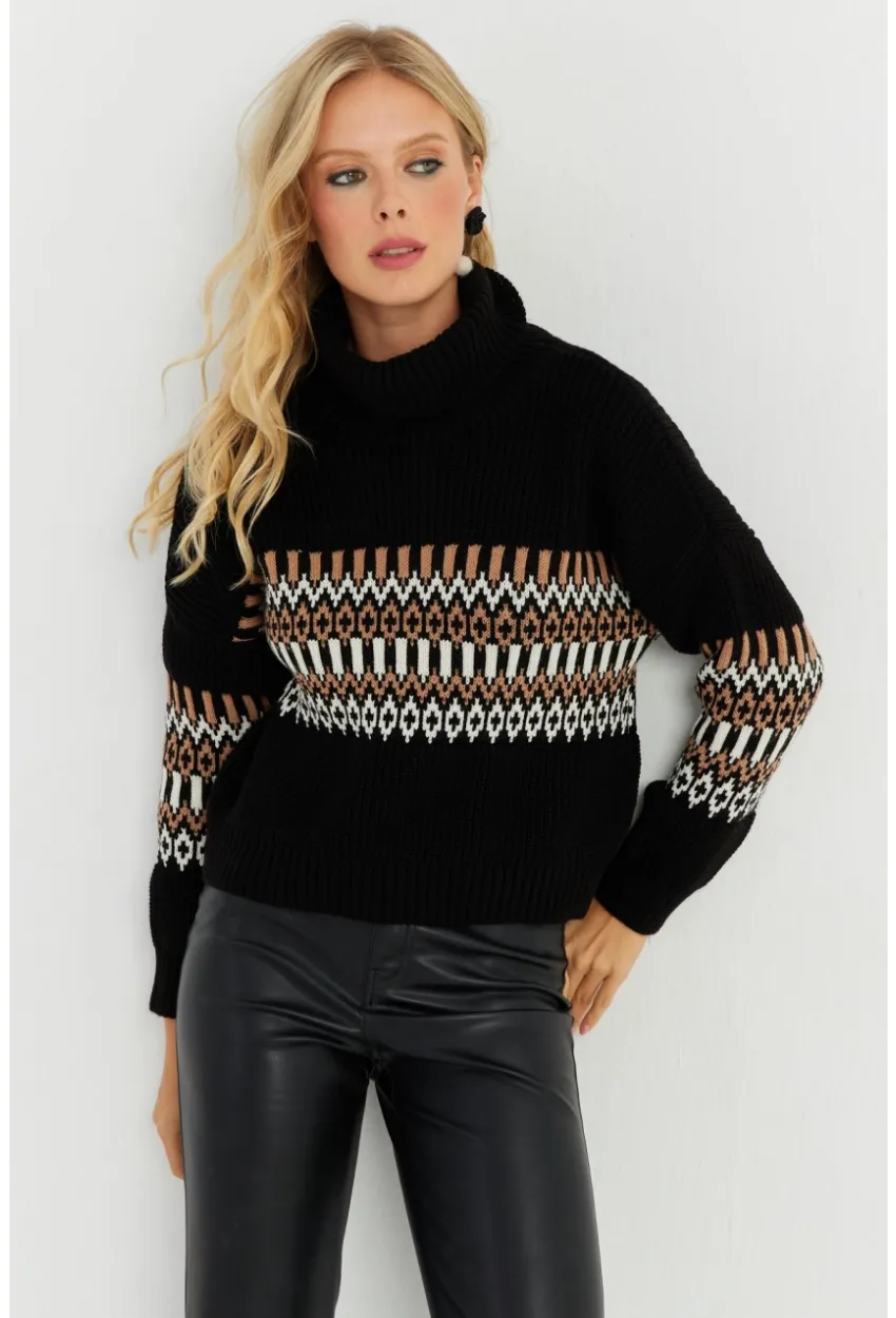 Kadın Siyah Balıkçı Triko Kazak YZ527