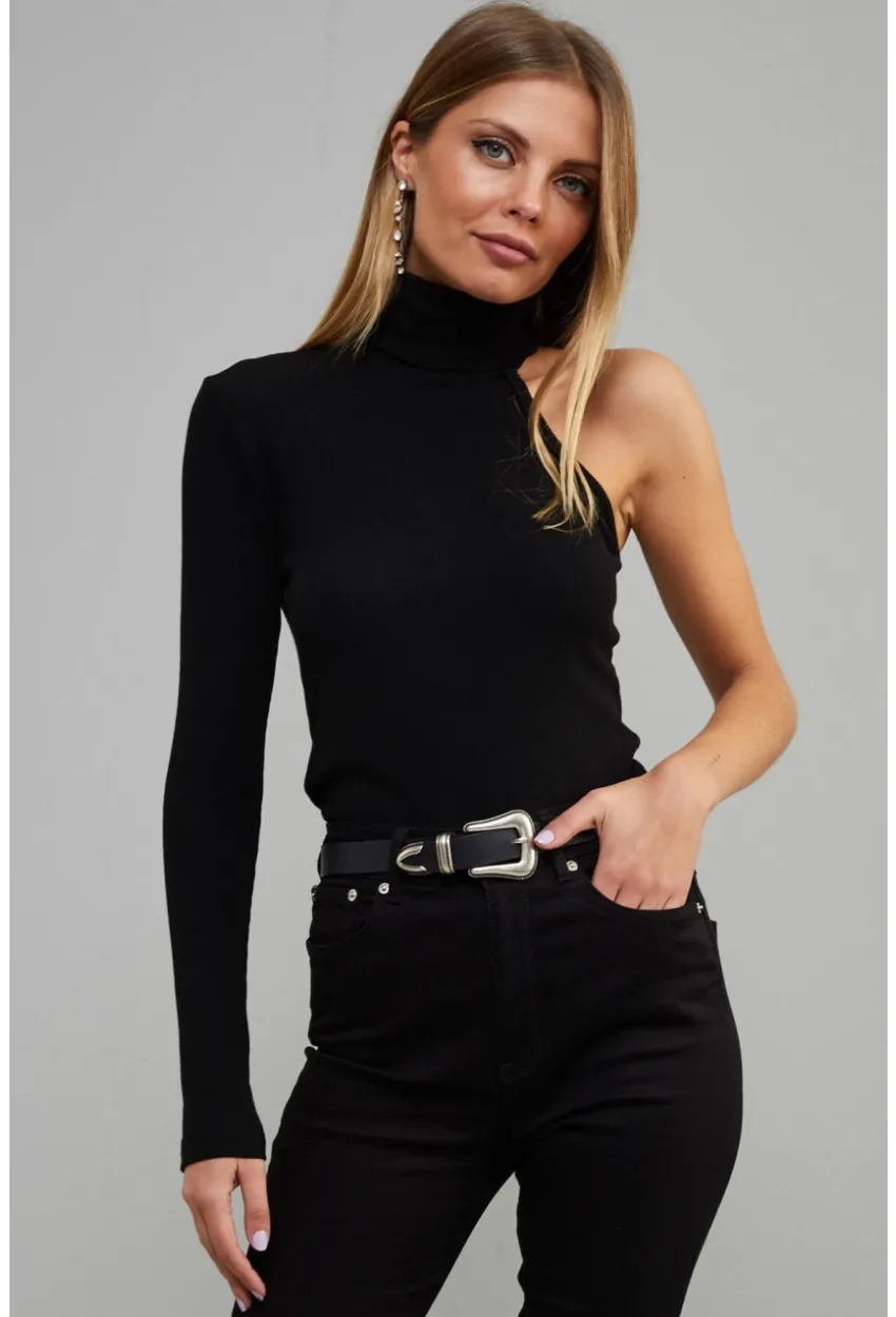 Kadın Siyah Balıkçı Yaka Tek Kol Kaşkorse Bluz EY1118