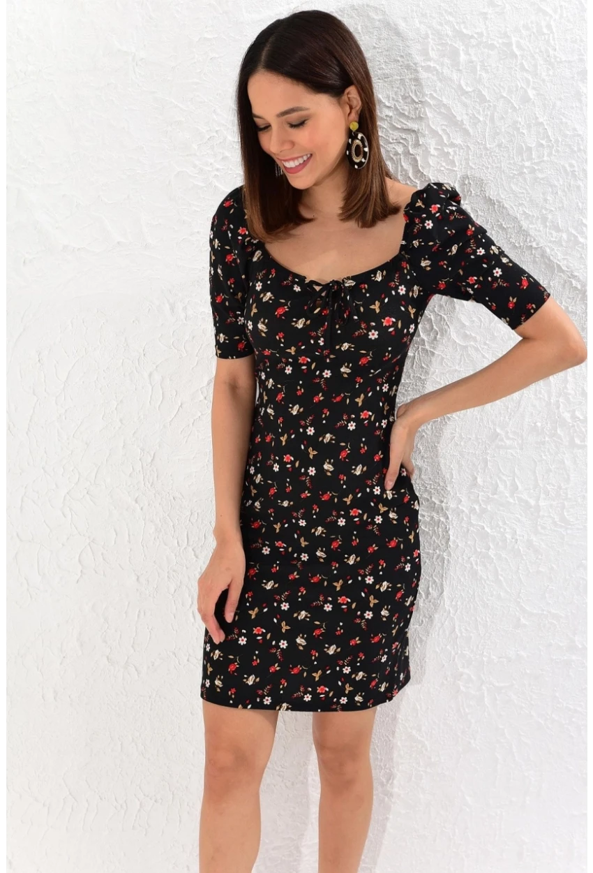 Kadın Siyah Balon Kol Kare Yaka Elbise Yİ1809