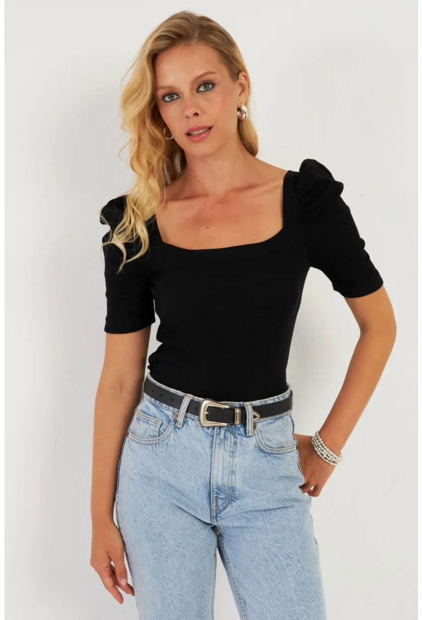 Kadın Siyah Balon Kol Kaşkorse Bluz XL2019